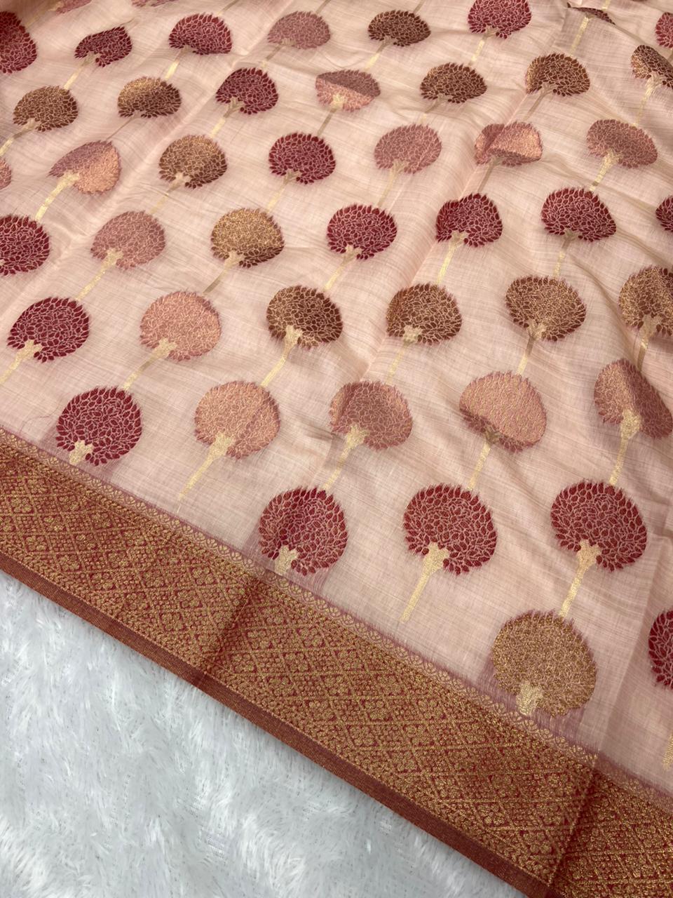 Anula Nexus Premium Cotton Saree For Women Dusty Rose Pink Tree Inspired Woven Design, Rich Gold Zari Border With Unstitched Blouse Piece Included-4