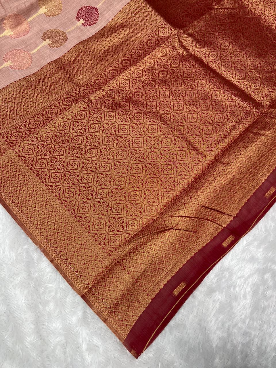 Anula Nexus Premium Cotton Saree For Women Dusty Rose Pink Tree Inspired Woven Design, Rich Gold Zari Border With Unstitched Blouse Piece Included-5