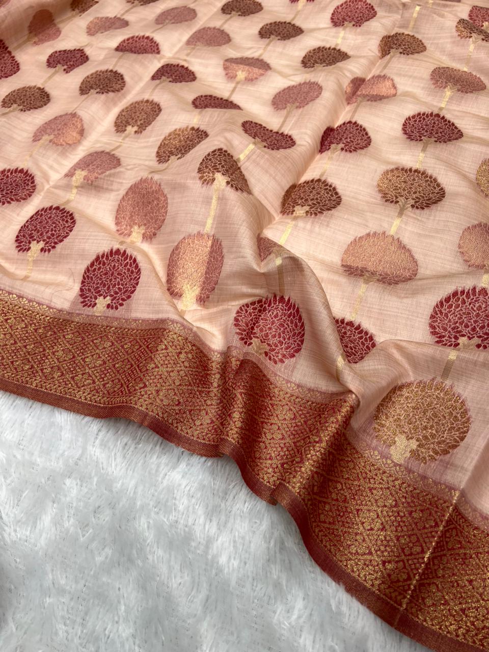 Anula Nexus Premium Cotton Saree For Women Dusty Rose Pink Tree Inspired Woven Design, Rich Gold Zari Border With Unstitched Blouse Piece Included-6
