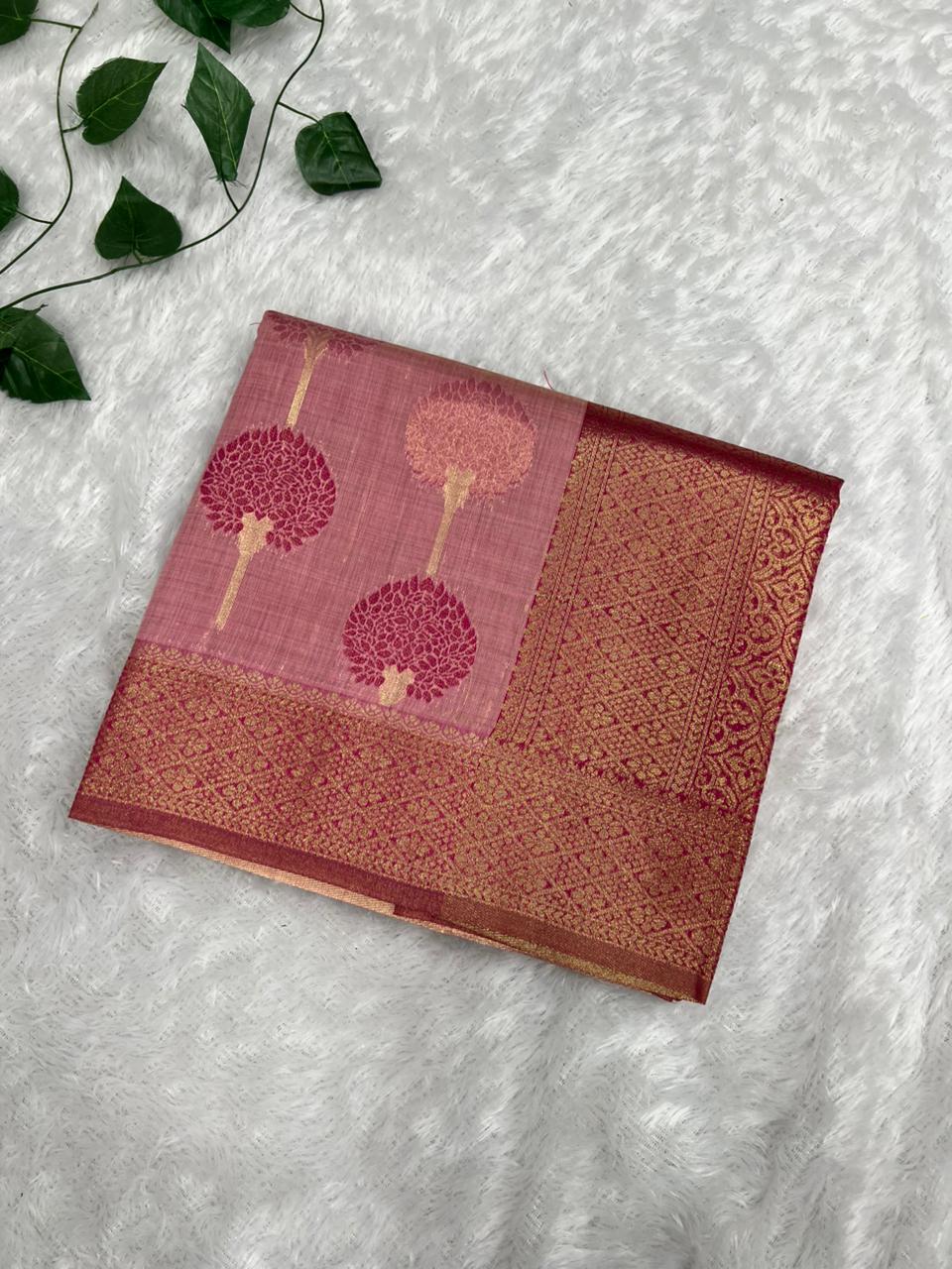 Anula Nexus Premium Cotton Saree For Women Dusty Rose Pink Tree Inspired Woven Design, Rich Gold Zari Border With Unstitched Blouse Piece Included