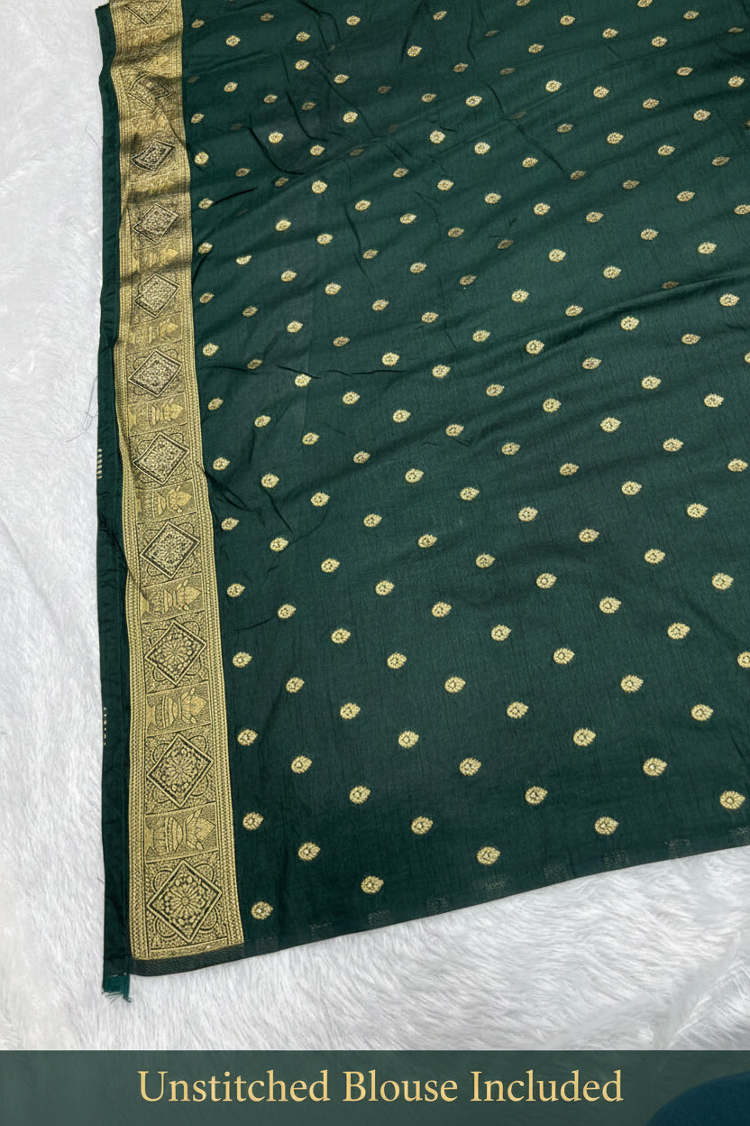 Anula Nexus Premium Dola Silk Saree For Women | Bottle Green & Dark Green Designer Saree With Swarovski & Zarkhan Work | Traditional Elephant Border | Unstitched Blouse Piece-1