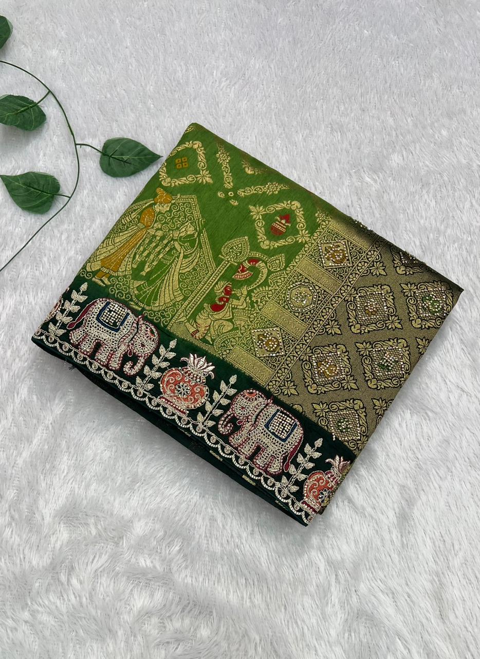 Anula Nexus Premium Dola Silk Saree For Women | Bottle Green & Dark Green Designer Saree With Swarovski & Zarkhan Work | Traditional Elephant Border | Unstitched Blouse Piece-2