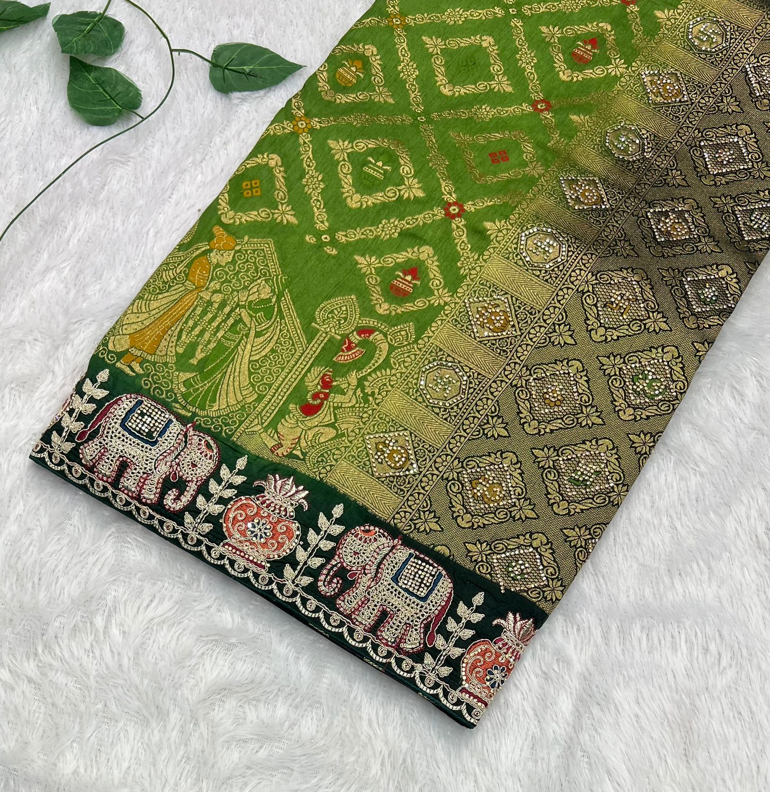 Anula Nexus Premium Dola Silk Saree For Women | Bottle Green & Dark Green Designer Saree With Swarovski & Zarkhan Work | Traditional Elephant Border | Unstitched Blouse Piece-3