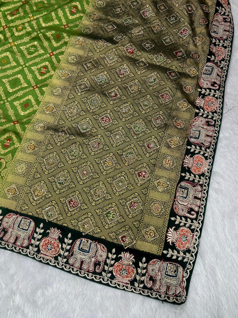Anula Nexus Premium Dola Silk Saree For Women | Bottle Green & Dark Green Designer Saree With Swarovski & Zarkhan Work | Traditional Elephant Border | Unstitched Blouse Piece-4