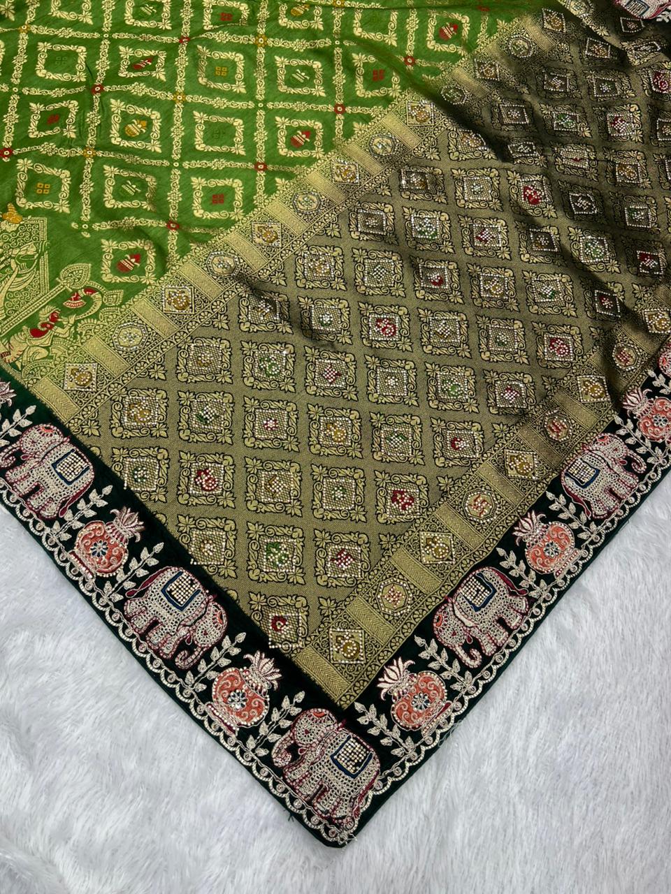 Anula Nexus Premium Dola Silk Saree For Women | Bottle Green & Dark Green Designer Saree With Swarovski & Zarkhan Work | Traditional Elephant Border | Unstitched Blouse Piece-5