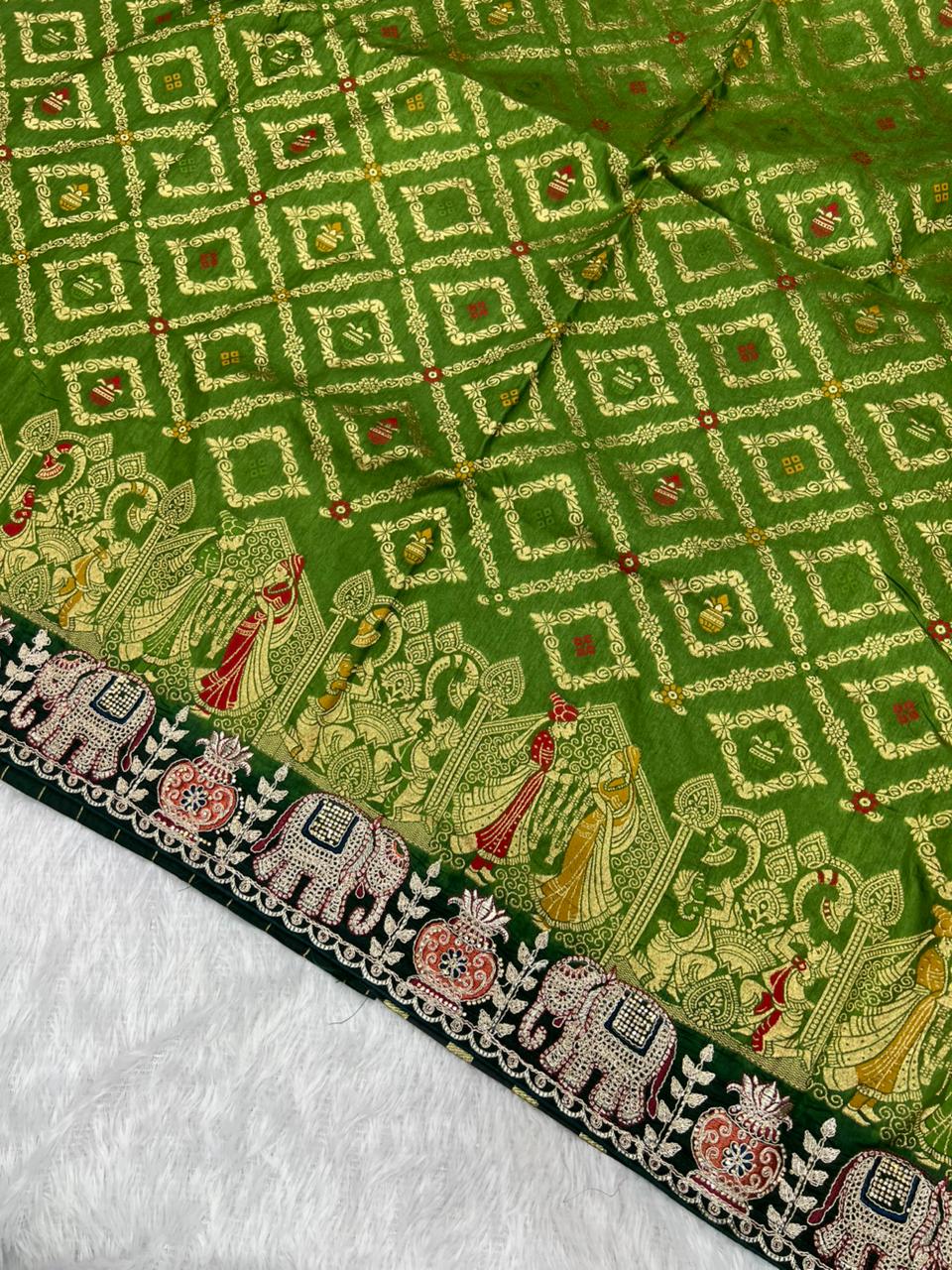 Anula Nexus Premium Dola Silk Saree For Women | Bottle Green & Dark Green Designer Saree With Swarovski & Zarkhan Work | Traditional Elephant Border | Unstitched Blouse Piece-6