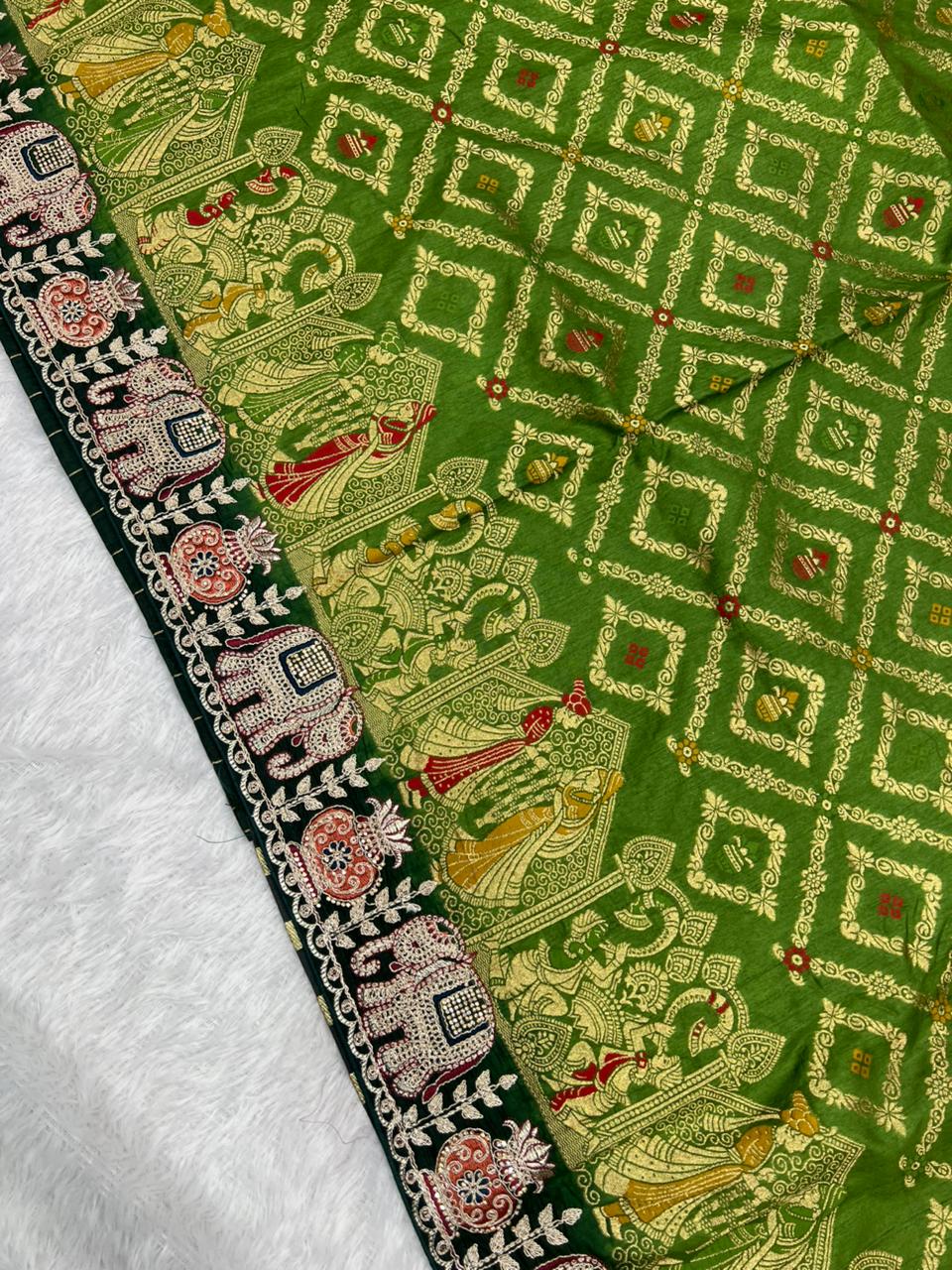 Anula Nexus Premium Dola Silk Saree For Women | Bottle Green & Dark Green Designer Saree With Swarovski & Zarkhan Work | Traditional Elephant Border | Unstitched Blouse Piece-7