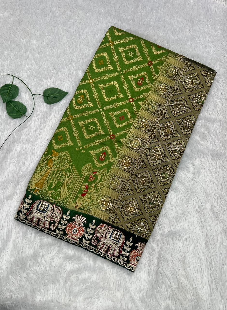 Anula Nexus Premium Dola Silk Saree For Women | Bottle Green & Dark Green Designer Saree With Swarovski & Zarkhan Work | Traditional Elephant Border | Unstitched Blouse Piece
