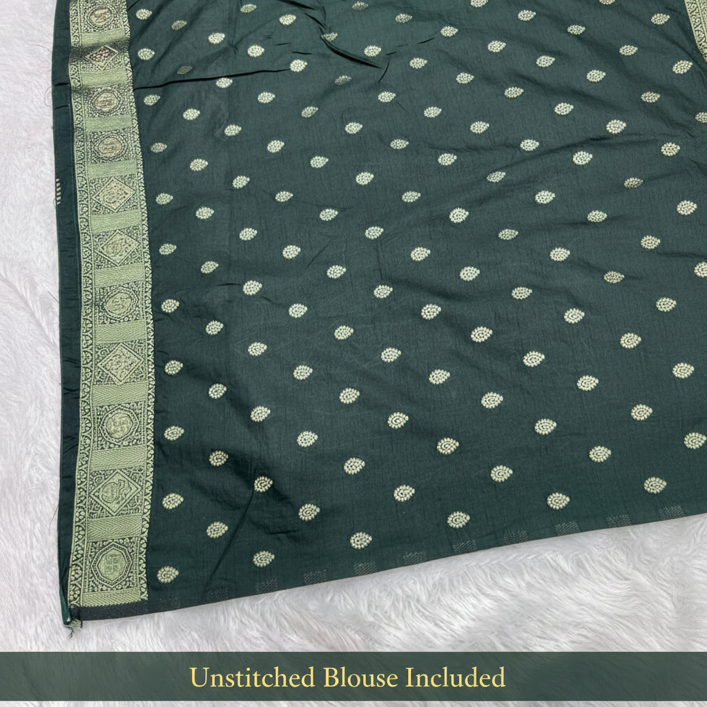 Anula Nexus Premium Dola Silk Saree For Women | Mustard Yellow & Bottle Green Designer Saree With Swarovski & Zarkhan Work | Traditional Elephant Border | Unstitched Blouse Piece-1