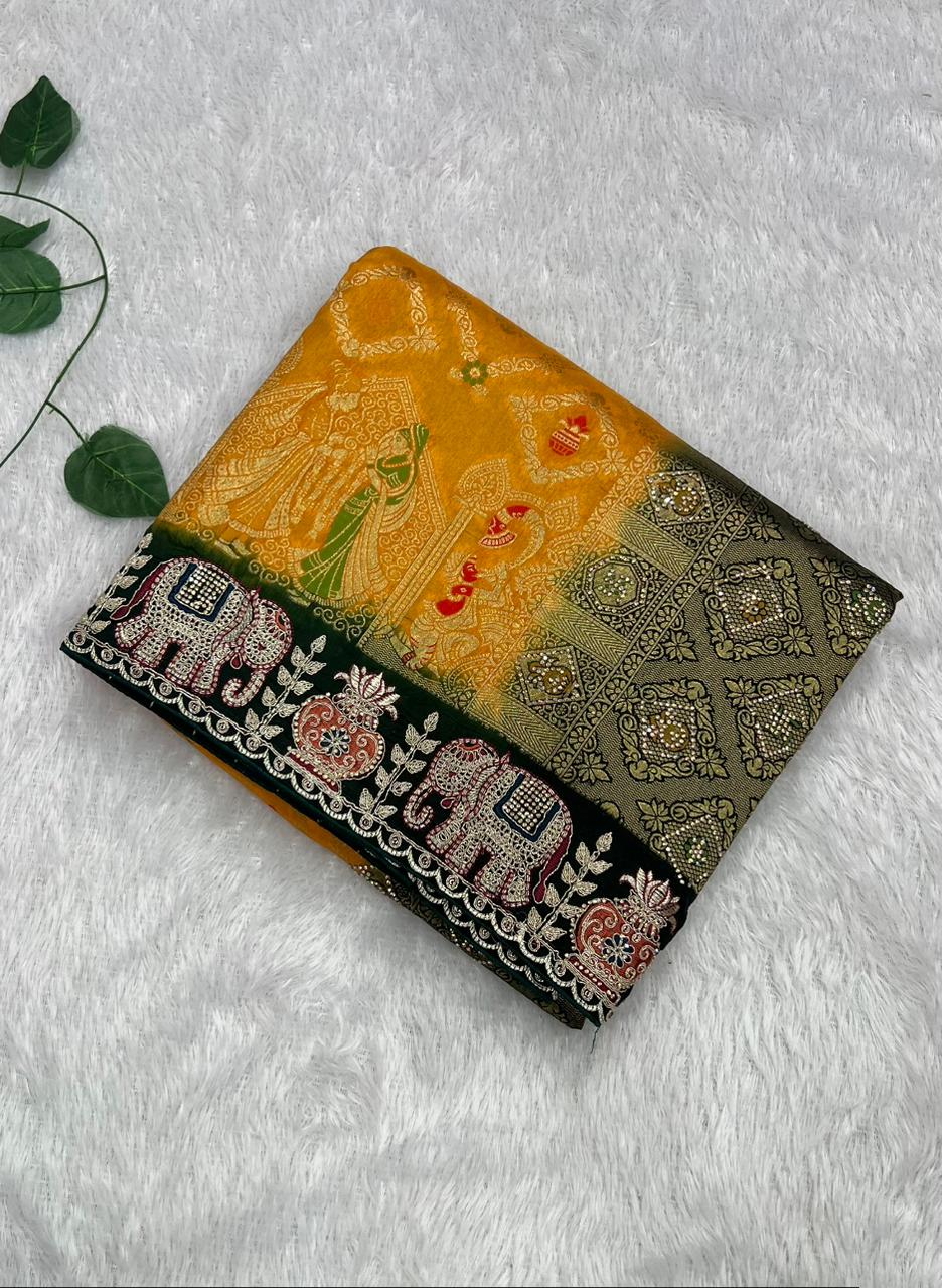 Anula Nexus Premium Dola Silk Saree For Women | Mustard Yellow & Bottle Green Designer Saree With Swarovski & Zarkhan Work | Traditional Elephant Border | Unstitched Blouse Piece-2