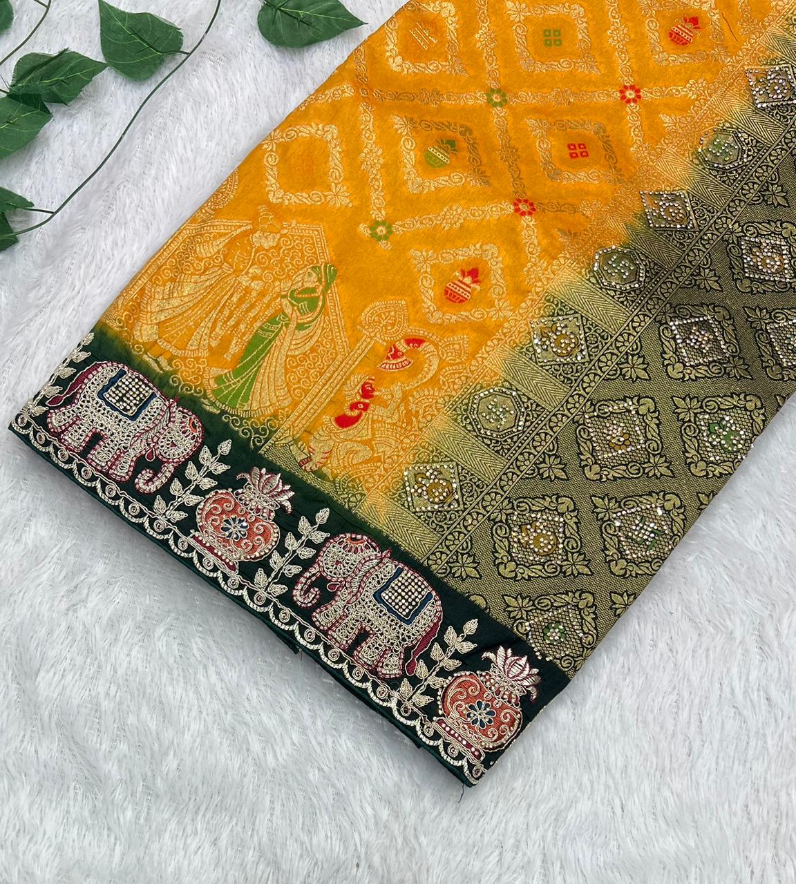 Anula Nexus Premium Dola Silk Saree For Women | Mustard Yellow & Bottle Green Designer Saree With Swarovski & Zarkhan Work | Traditional Elephant Border | Unstitched Blouse Piece-3
