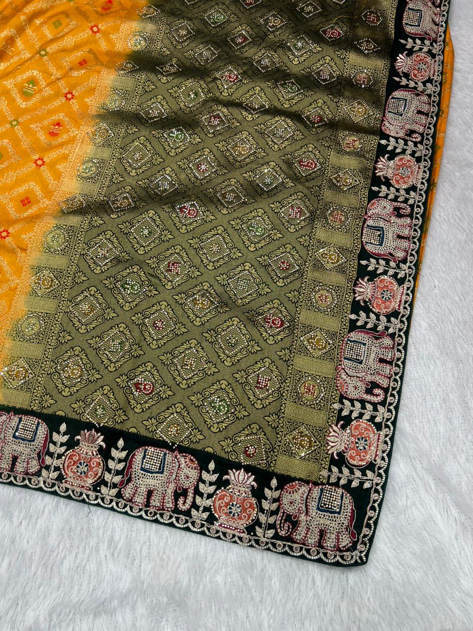 Anula Nexus Premium Dola Silk Saree For Women | Mustard Yellow & Bottle Green Designer Saree With Swarovski & Zarkhan Work | Traditional Elephant Border | Unstitched Blouse Piece-4