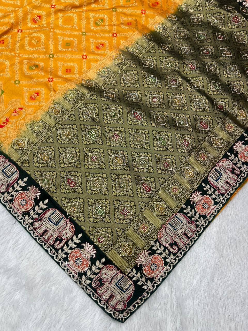 Anula Nexus Premium Dola Silk Saree For Women | Mustard Yellow & Bottle Green Designer Saree With Swarovski & Zarkhan Work | Traditional Elephant Border | Unstitched Blouse Piece-5