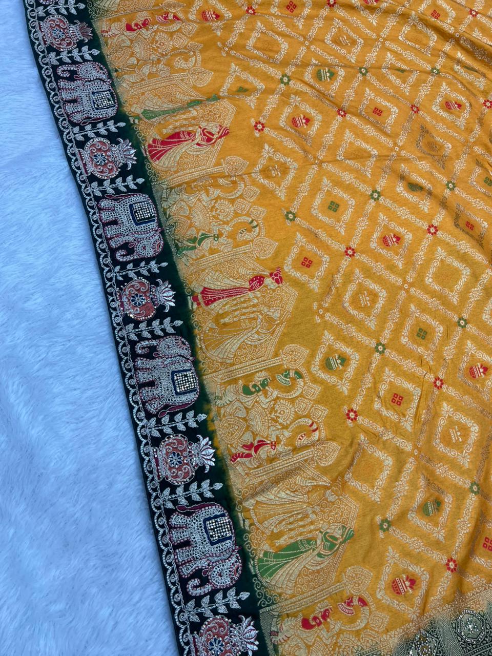 Anula Nexus Premium Dola Silk Saree For Women | Mustard Yellow & Bottle Green Designer Saree With Swarovski & Zarkhan Work | Traditional Elephant Border | Unstitched Blouse Piece-7