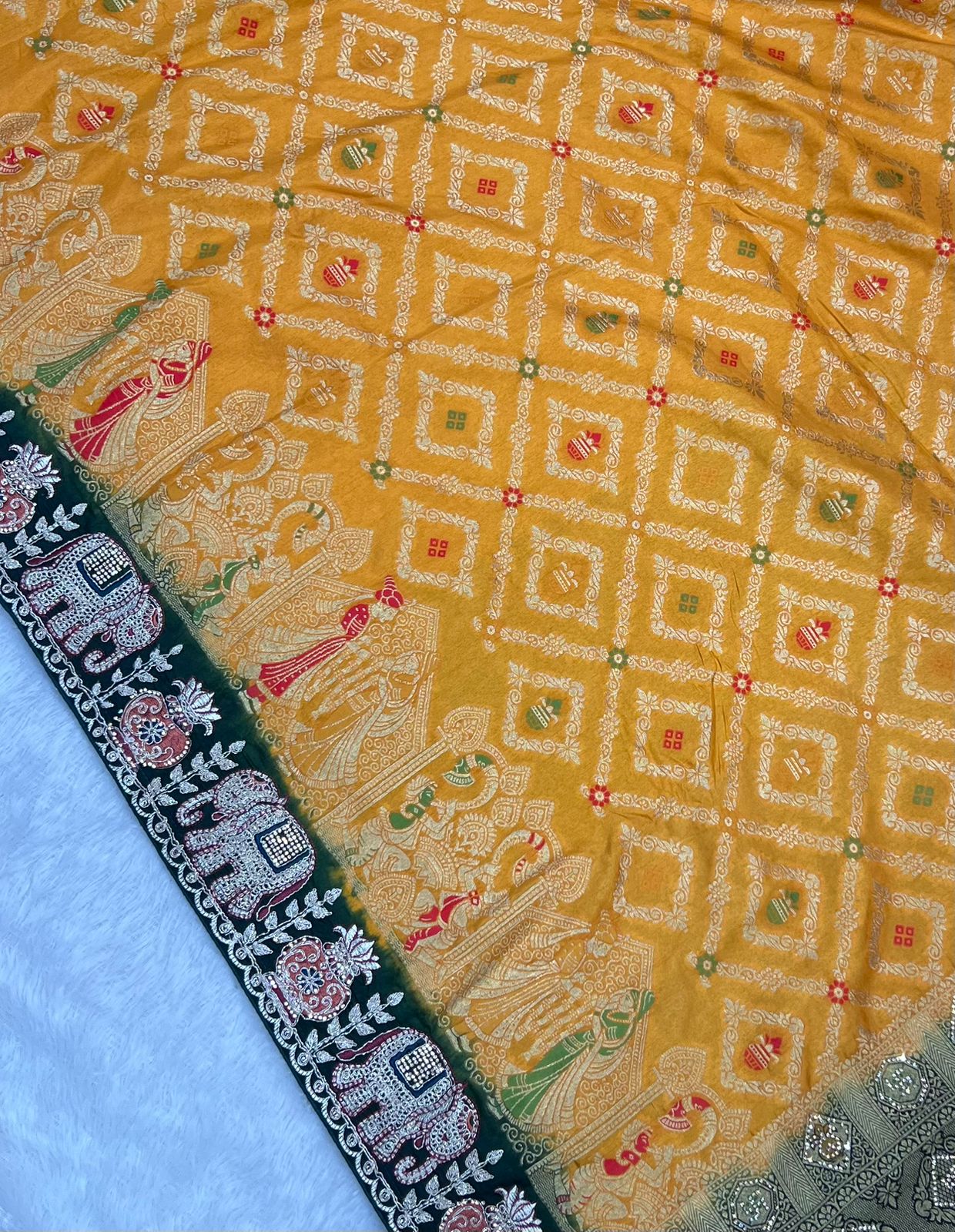 Anula Nexus Premium Dola Silk Saree For Women | Mustard Yellow & Bottle Green Designer Saree With Swarovski & Zarkhan Work | Traditional Elephant Border | Unstitched Blouse Piece-8