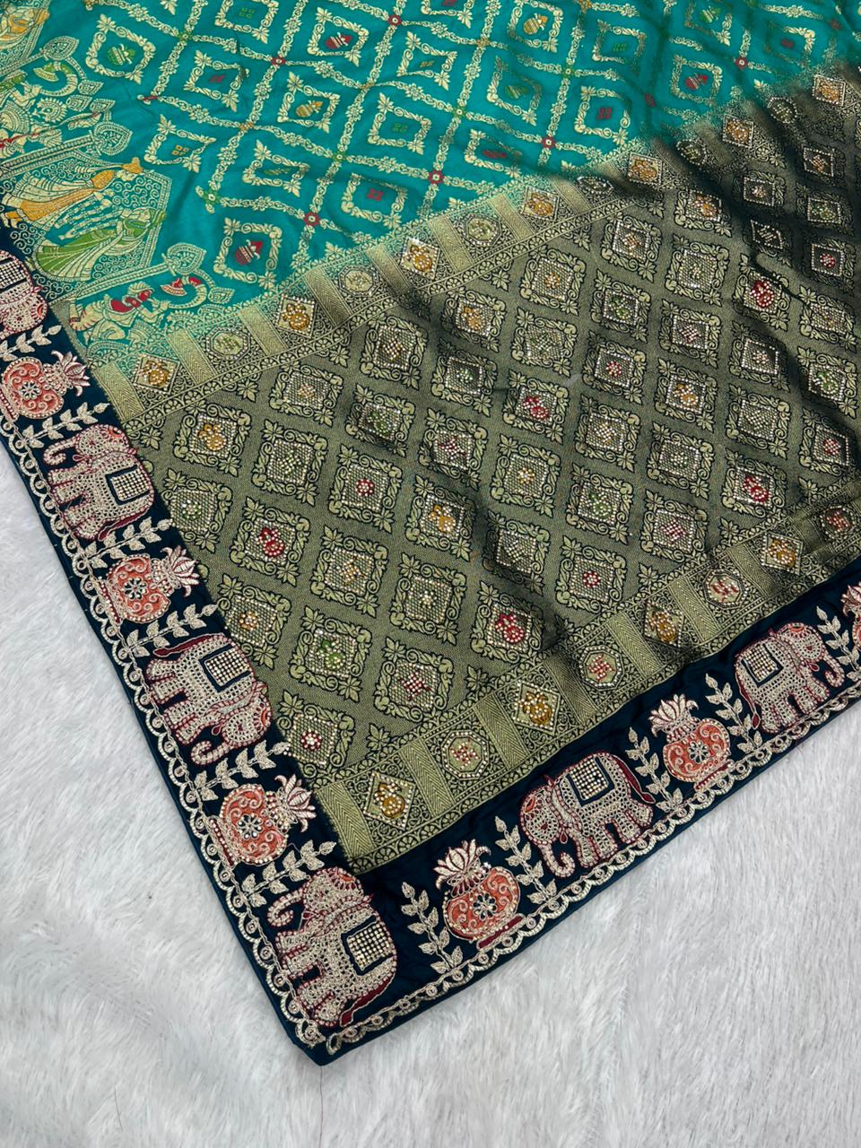 Anula Nexus Premium Dola Silk Saree For Women | Peacock Blue & Navy Blue Designer Saree With Swarovski & Zarkhan Work | Traditional Elephant Border | Unstitched Blouse Piece-5