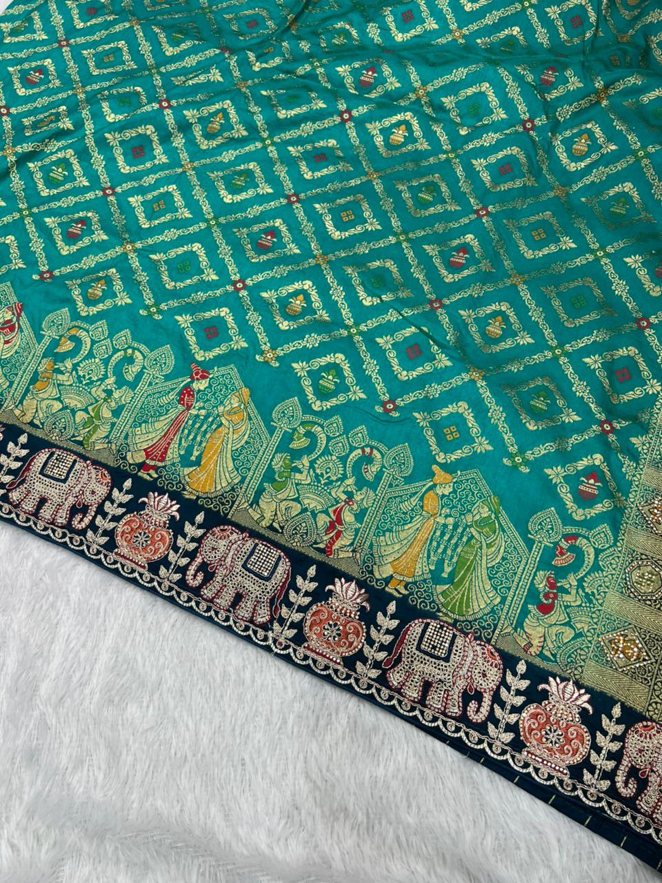 Anula Nexus Premium Dola Silk Saree For Women | Peacock Blue & Navy Blue Designer Saree With Swarovski & Zarkhan Work | Traditional Elephant Border | Unstitched Blouse Piece-6