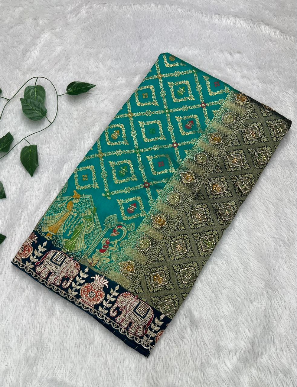 Anula Nexus Premium Dola Silk Saree For Women | Peacock Blue & Navy Blue Designer Saree With Swarovski & Zarkhan Work | Traditional Elephant Border | Unstitched Blouse Piece