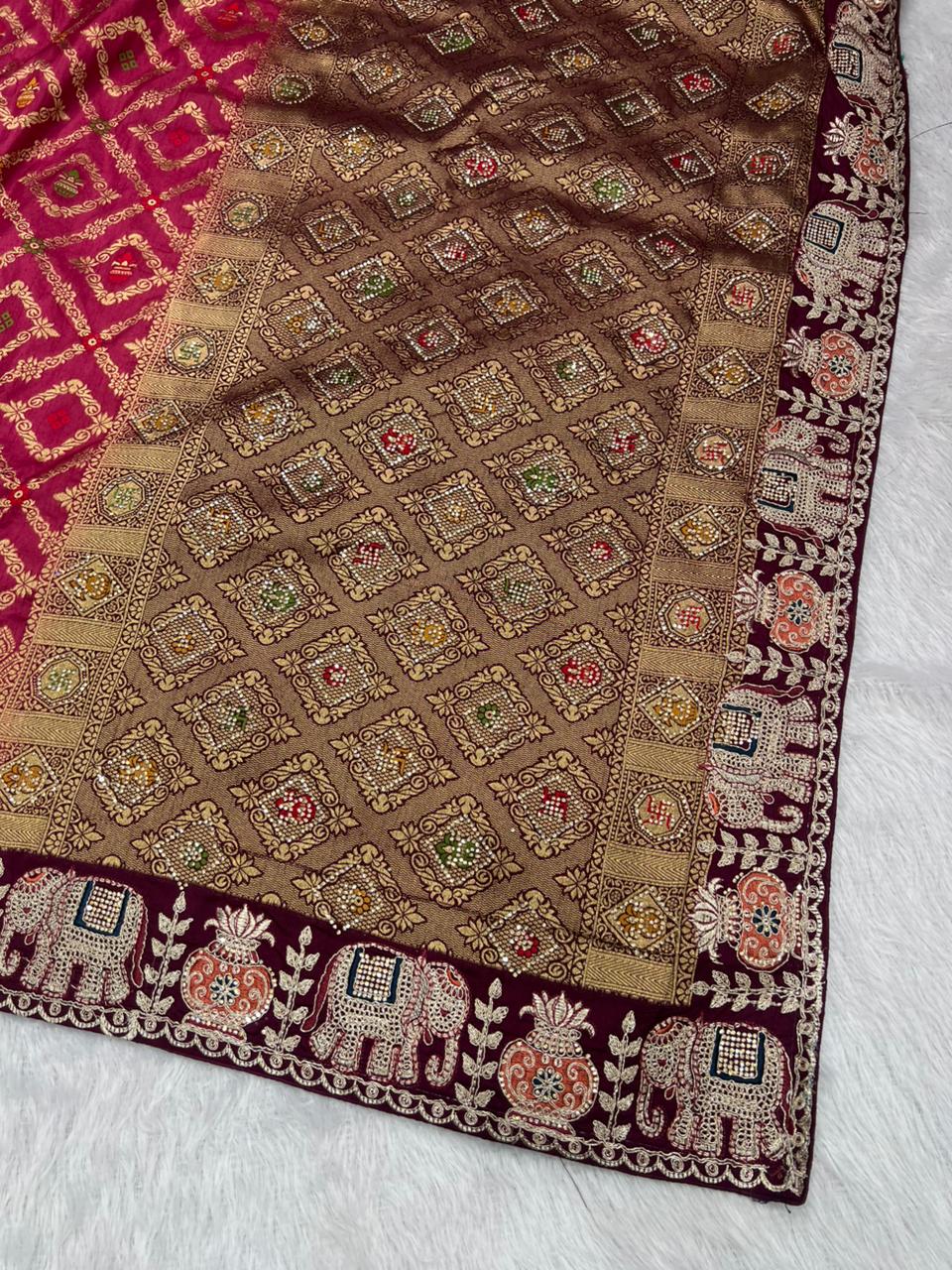 Anula Nexus Premium Dola Silk Saree For Women | Wine & Coffee Brown Designer Saree With Swarovski & Zarkhan Work | Traditional Elephant Border | Unstitched Blouse Piece-3