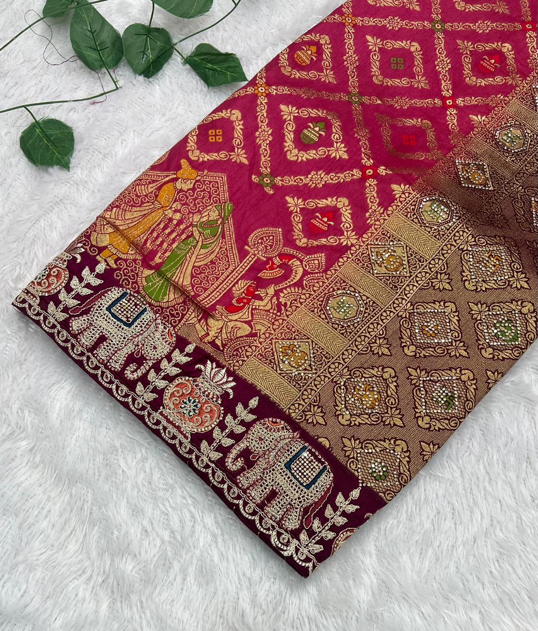 Anula Nexus Premium Dola Silk Saree For Women | Wine & Coffee Brown Designer Saree With Swarovski & Zarkhan Work | Traditional Elephant Border | Unstitched Blouse Piece-4