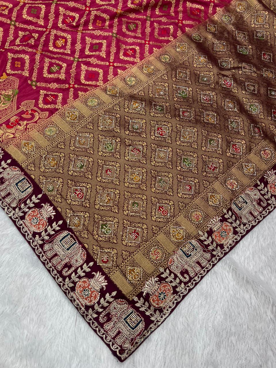 Anula Nexus Premium Dola Silk Saree For Women | Wine & Coffee Brown Designer Saree With Swarovski & Zarkhan Work | Traditional Elephant Border | Unstitched Blouse Piece-5
