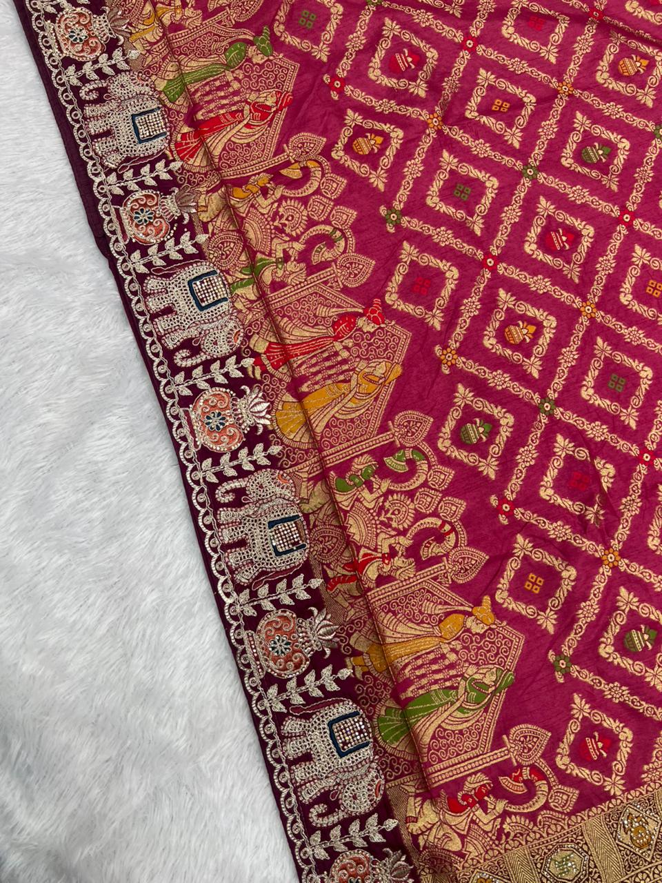 Anula Nexus Premium Dola Silk Saree For Women | Wine & Coffee Brown Designer Saree With Swarovski & Zarkhan Work | Traditional Elephant Border | Unstitched Blouse Piece-7