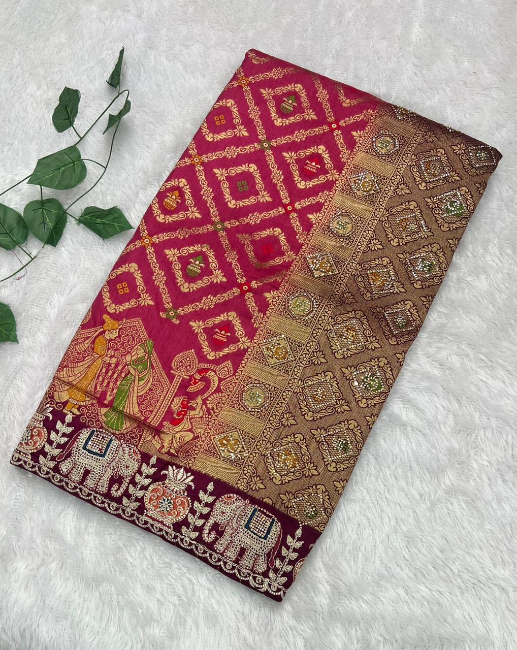Anula Nexus Premium Dola Silk Saree For Women | Wine & Coffee Brown Designer Saree With Swarovski & Zarkhan Work | Traditional Elephant Border | Unstitched Blouse Piece