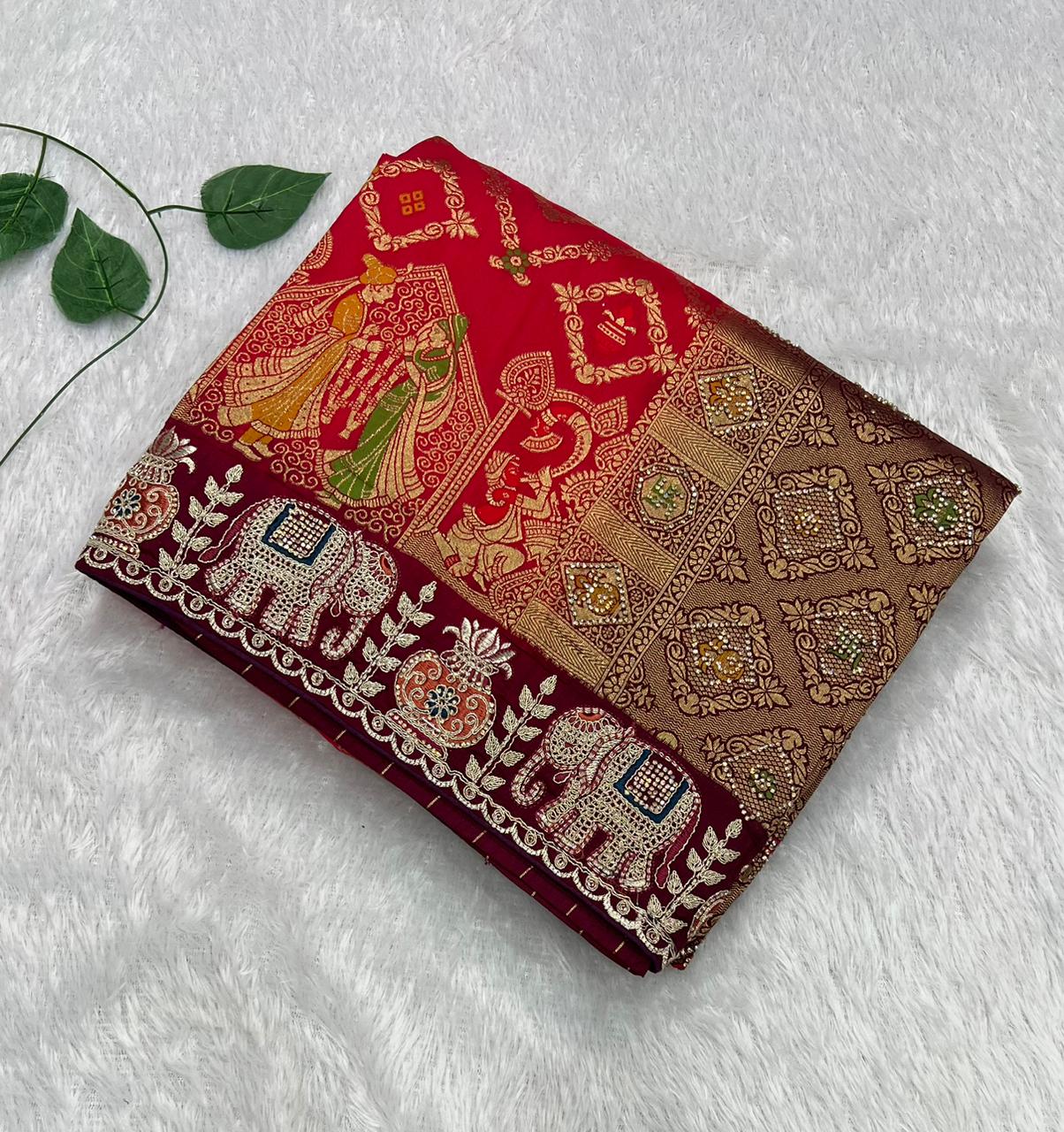 Anula Nexus Premium Dola Silk Saree For Women | Wine & Maroon Designer Saree With Swarovski & Zarkhan Work | Traditional Elephant Border | Unstitched Blouse Piece-2