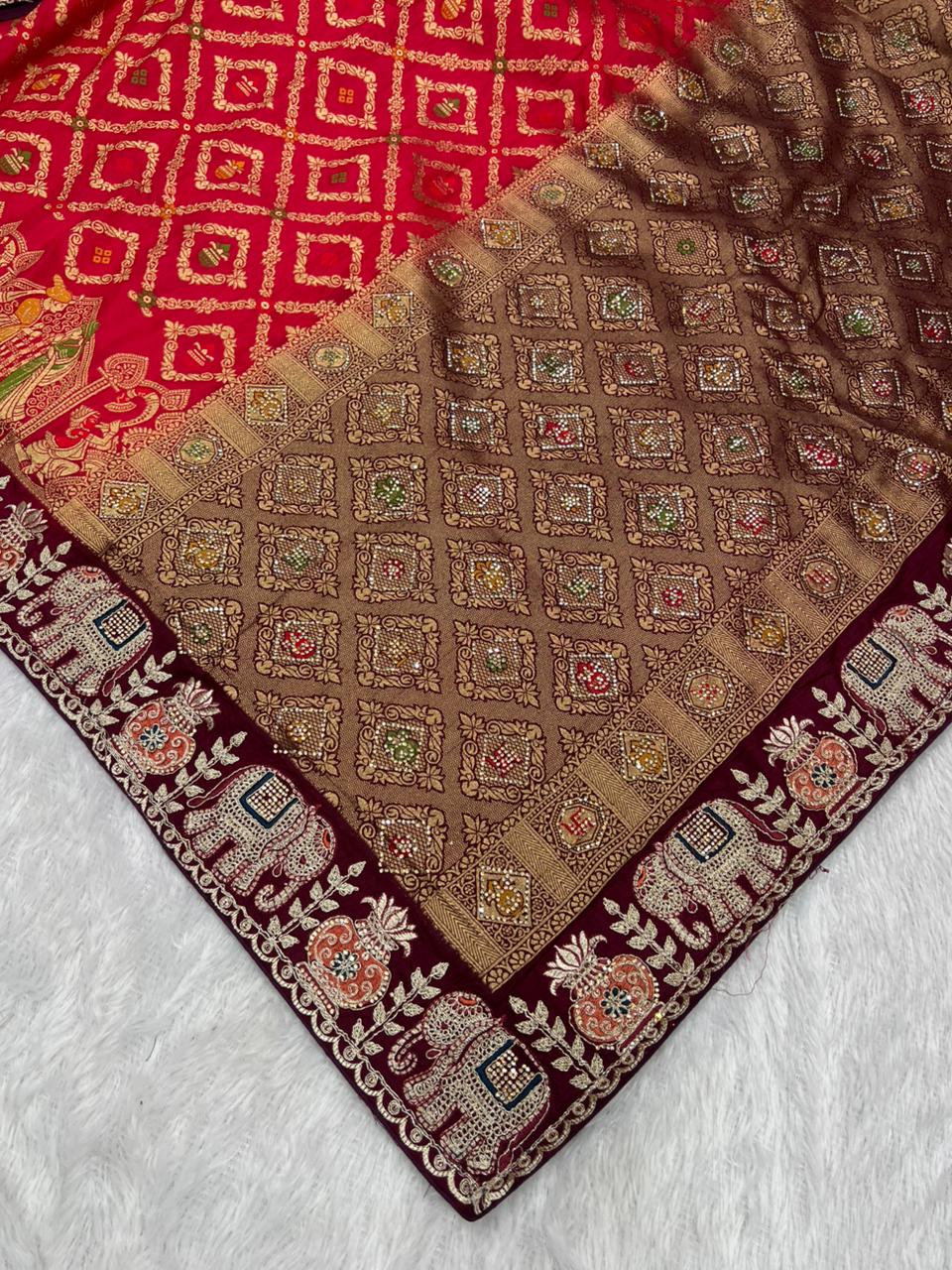 Anula Nexus Premium Dola Silk Saree For Women | Wine & Maroon Designer Saree With Swarovski & Zarkhan Work | Traditional Elephant Border | Unstitched Blouse Piece-3