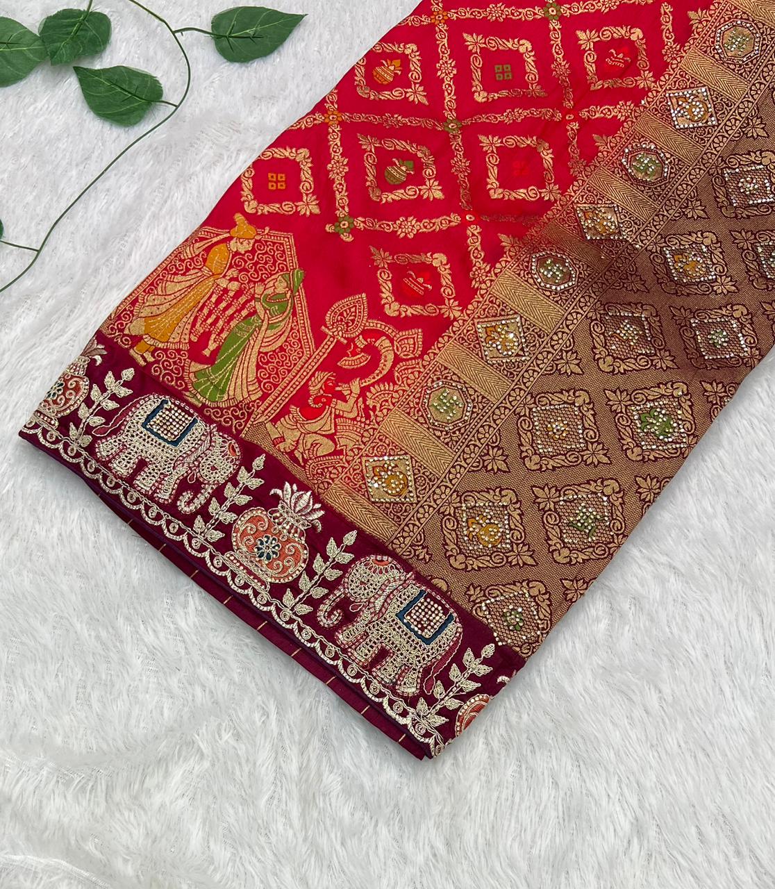 Anula Nexus Premium Dola Silk Saree For Women | Wine & Maroon Designer Saree With Swarovski & Zarkhan Work | Traditional Elephant Border | Unstitched Blouse Piece-4