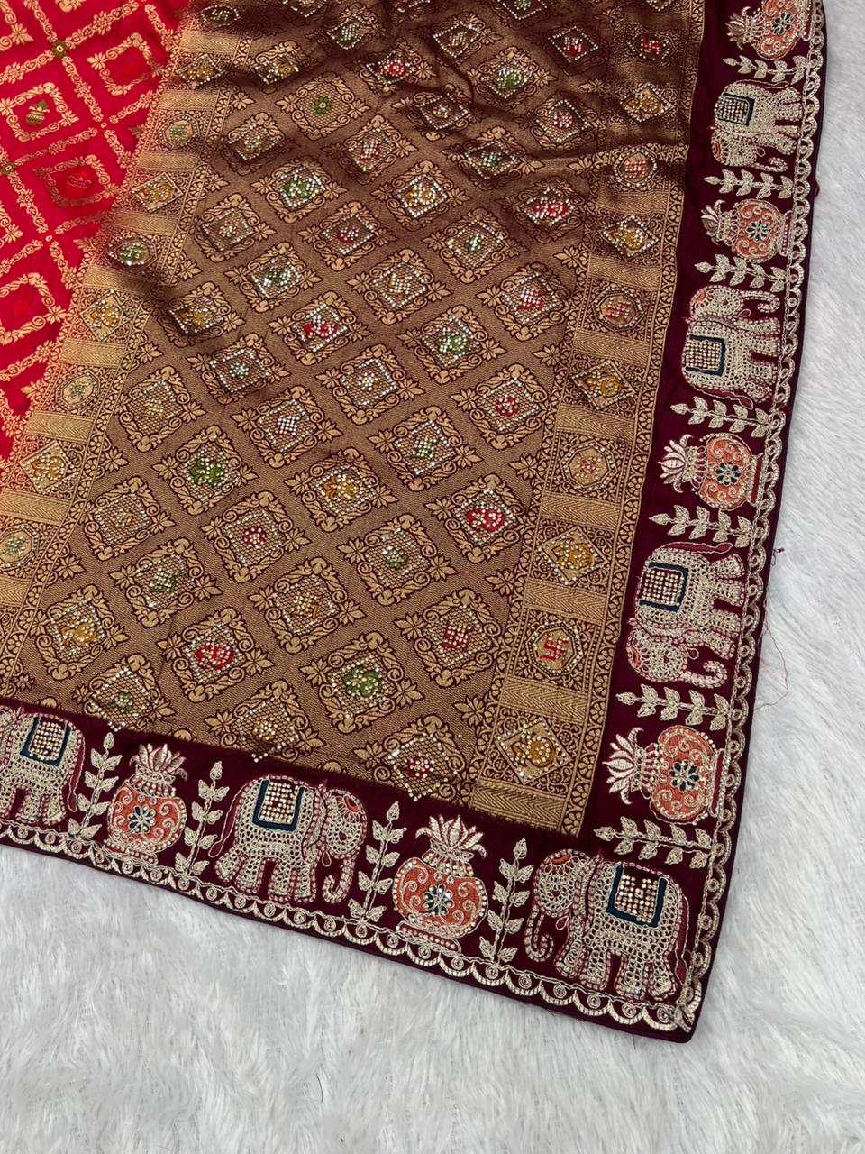 Anula Nexus Premium Dola Silk Saree For Women | Wine & Maroon Designer Saree With Swarovski & Zarkhan Work | Traditional Elephant Border | Unstitched Blouse Piece-5