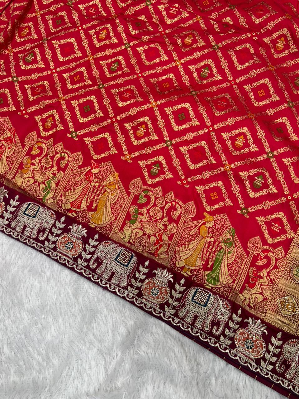 Anula Nexus Premium Dola Silk Saree For Women | Wine & Maroon Designer Saree With Swarovski & Zarkhan Work | Traditional Elephant Border | Unstitched Blouse Piece-6