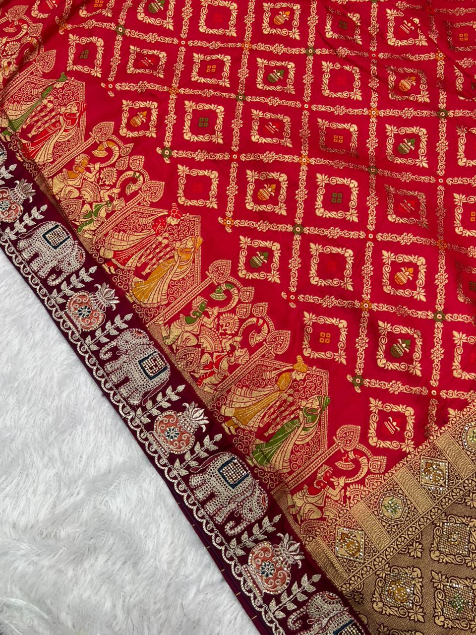 Anula Nexus Premium Dola Silk Saree For Women | Wine & Maroon Designer Saree With Swarovski & Zarkhan Work | Traditional Elephant Border | Unstitched Blouse Piece-7