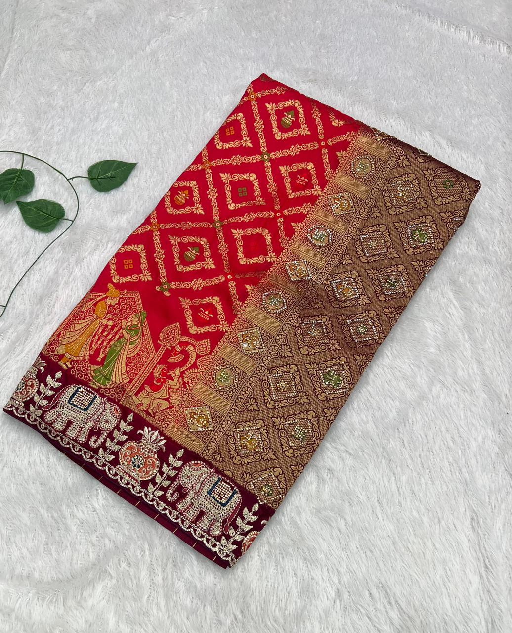 Anula Nexus Premium Dola Silk Saree For Women | Wine & Maroon Designer Saree With Swarovski & Zarkhan Work | Traditional Elephant Border | Unstitched Blouse Piece