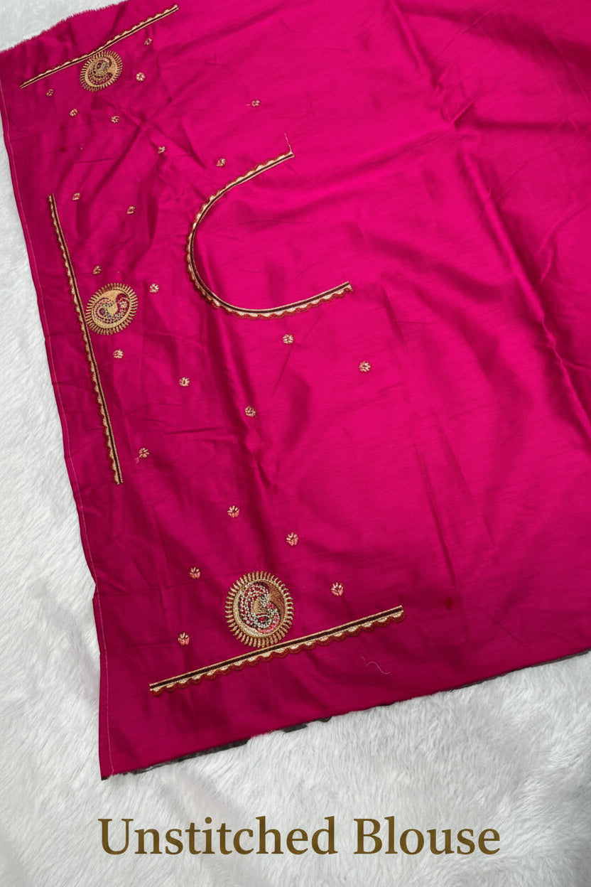 Anula Nexus Premium Emerald Green Satin Saree With Heavy Peacock & Elephant Embroidery Border | Designer Rani Pink Unstitched Blouse-1