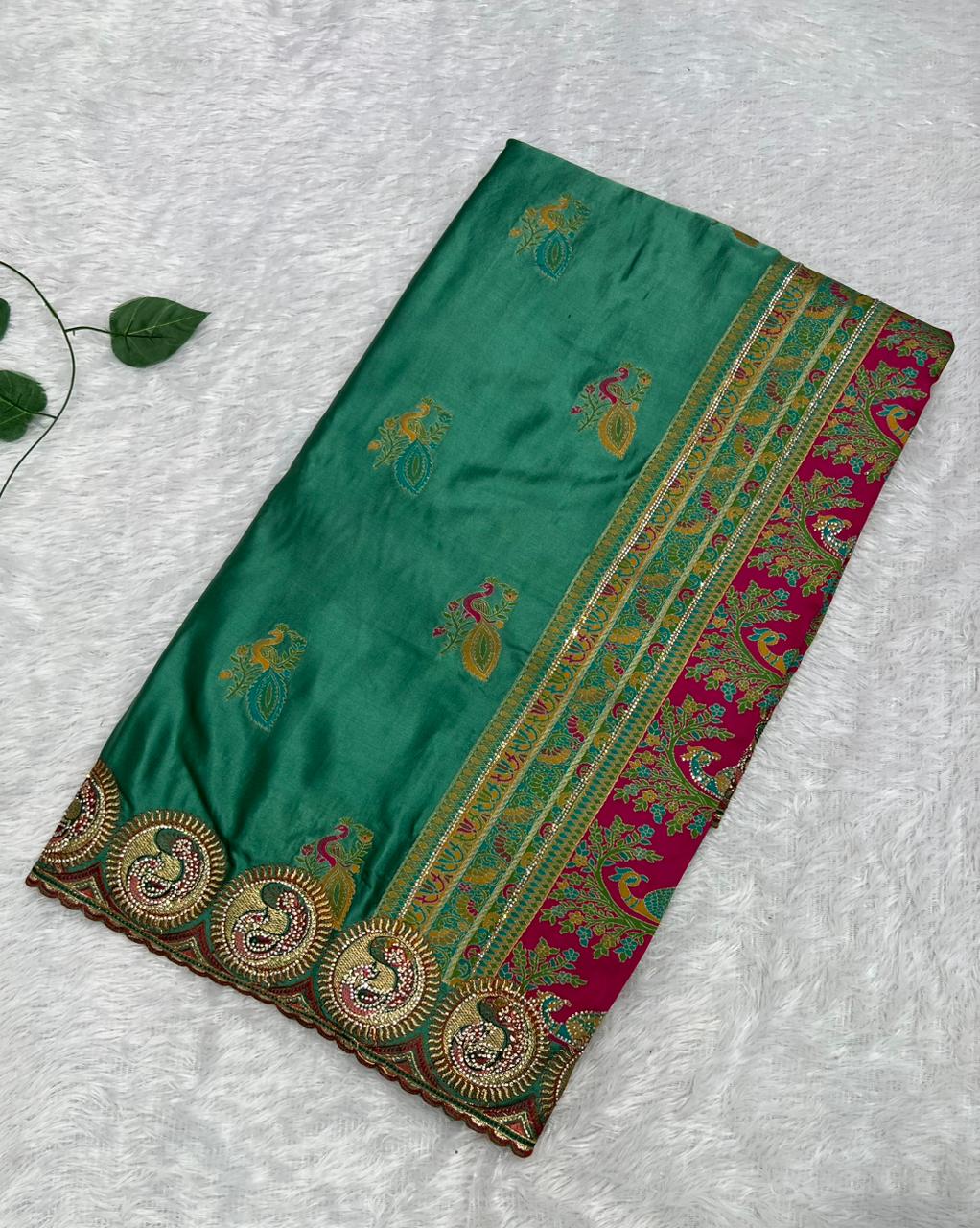Anula Nexus Premium Emerald Green Satin Saree With Heavy Peacock & Elephant Embroidery Border | Designer Rani Pink Unstitched Blouse-2
