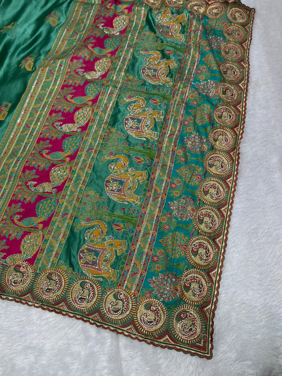 Anula Nexus Premium Emerald Green Satin Saree With Heavy Peacock & Elephant Embroidery Border | Designer Rani Pink Unstitched Blouse-3