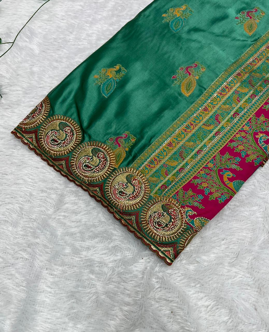 Anula Nexus Premium Emerald Green Satin Saree With Heavy Peacock & Elephant Embroidery Border | Designer Rani Pink Unstitched Blouse-4