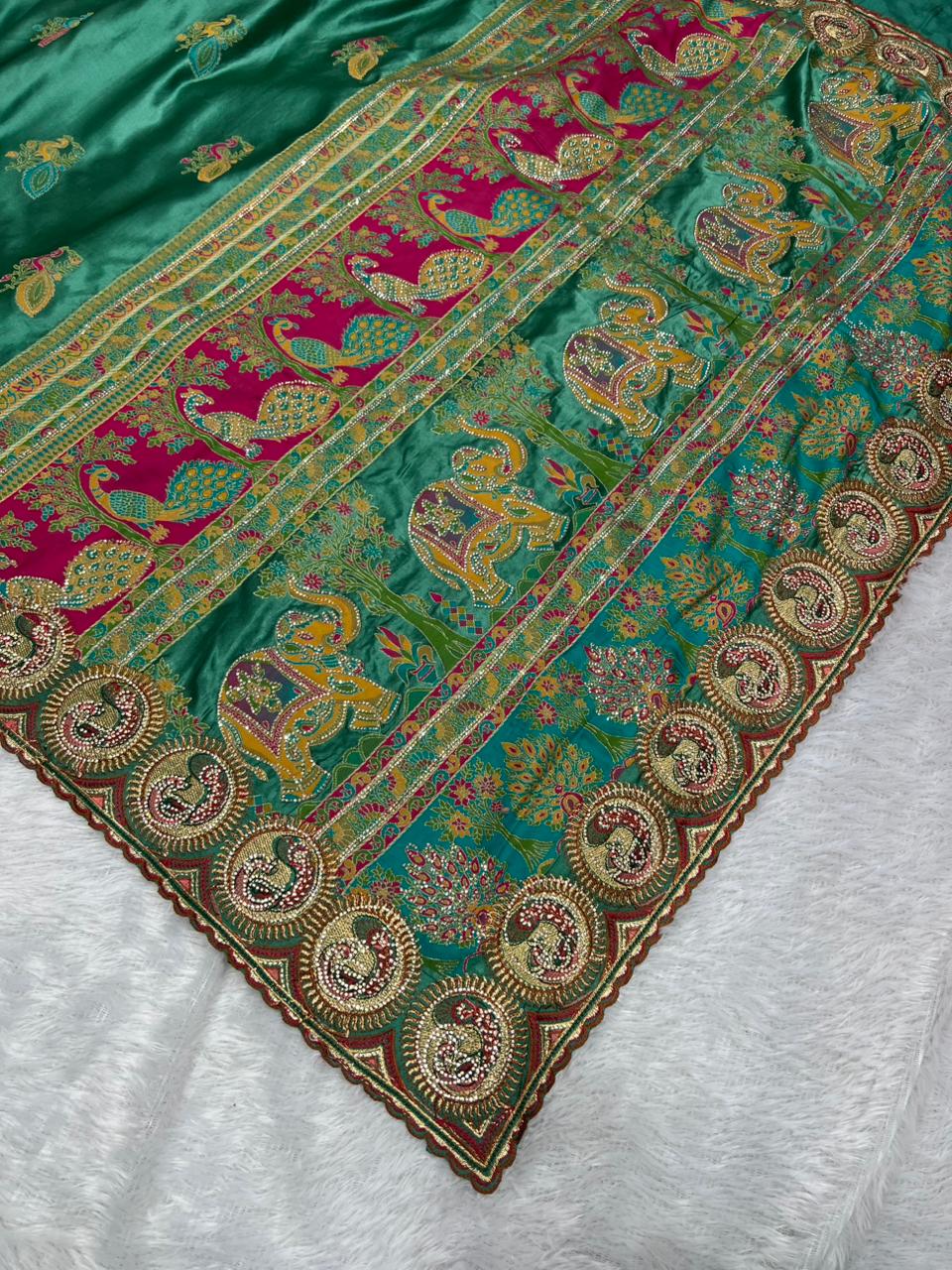 Anula Nexus Premium Emerald Green Satin Saree With Heavy Peacock & Elephant Embroidery Border | Designer Rani Pink Unstitched Blouse-5