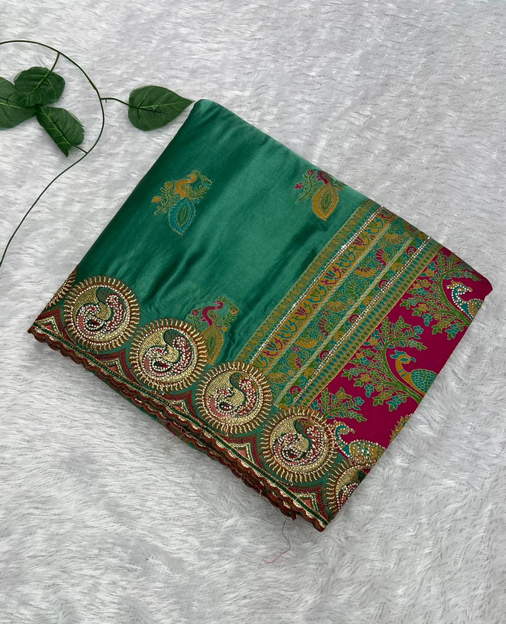 Anula Nexus Premium Emerald Green Satin Saree With Heavy Peacock & Elephant Embroidery Border | Designer Rani Pink Unstitched Blouse