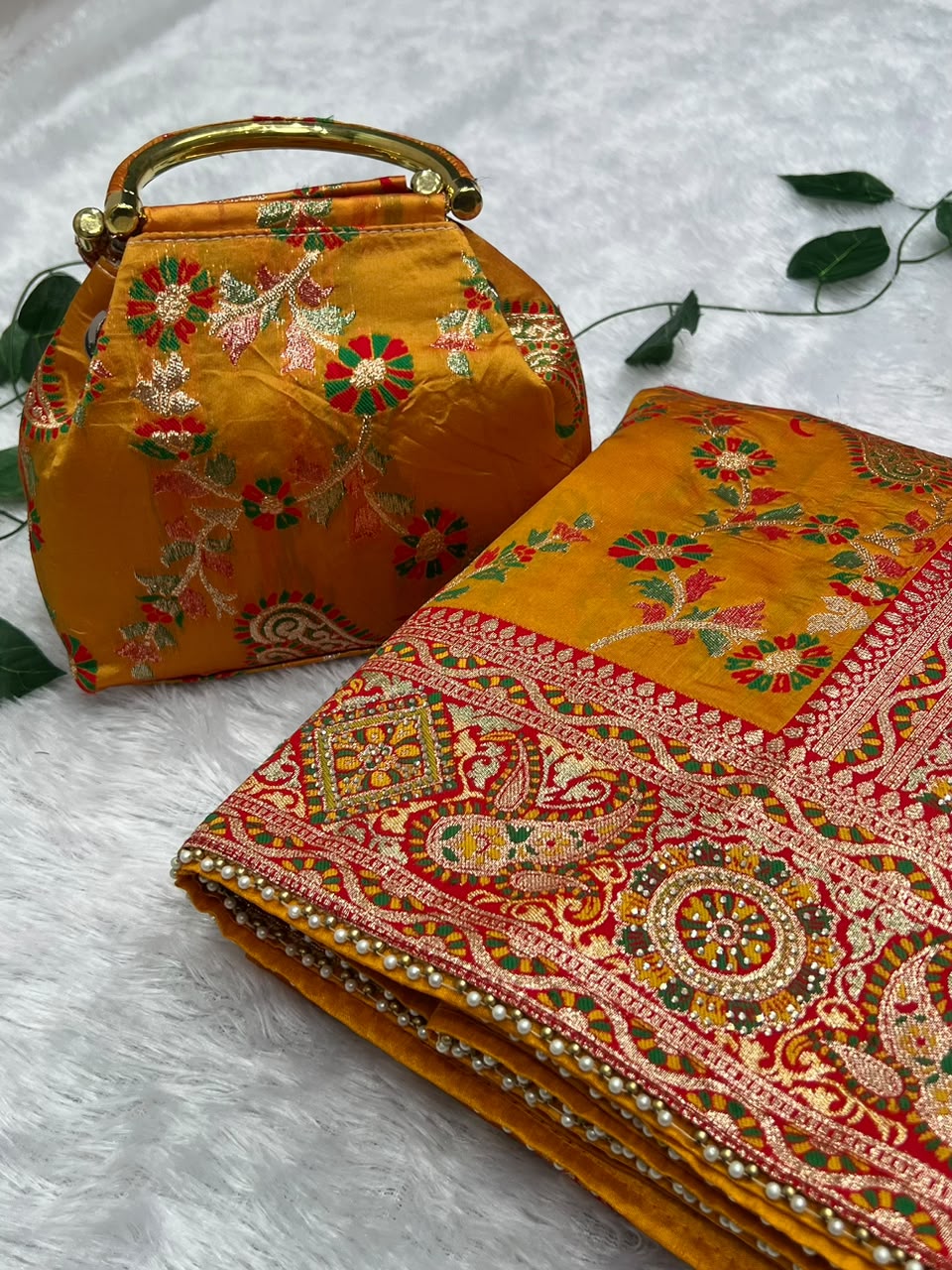 Anula Nexus Premium Kashmiri Dola Silk Saree with Heavy Swarovski Work, Crystal Border & Designer Tassels, Matching Potli Bag & Unstitched Blouse Piece Included-1