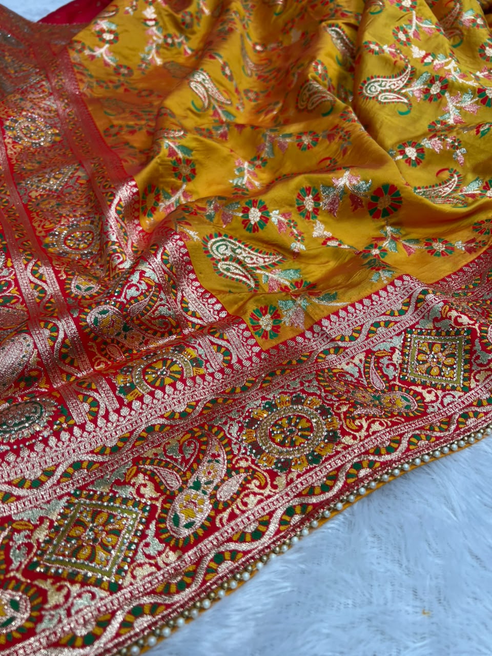 Anula Nexus Premium Kashmiri Dola Silk Saree with Heavy Swarovski Work, Crystal Border & Designer Tassels, Matching Potli Bag & Unstitched Blouse Piece Included-10