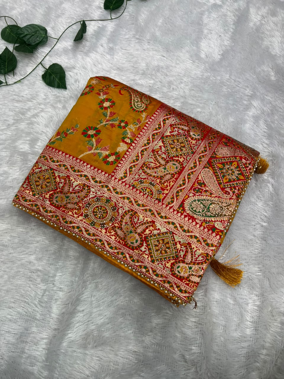 Anula Nexus Premium Kashmiri Dola Silk Saree with Heavy Swarovski Work, Crystal Border & Designer Tassels, Matching Potli Bag & Unstitched Blouse Piece Included-2