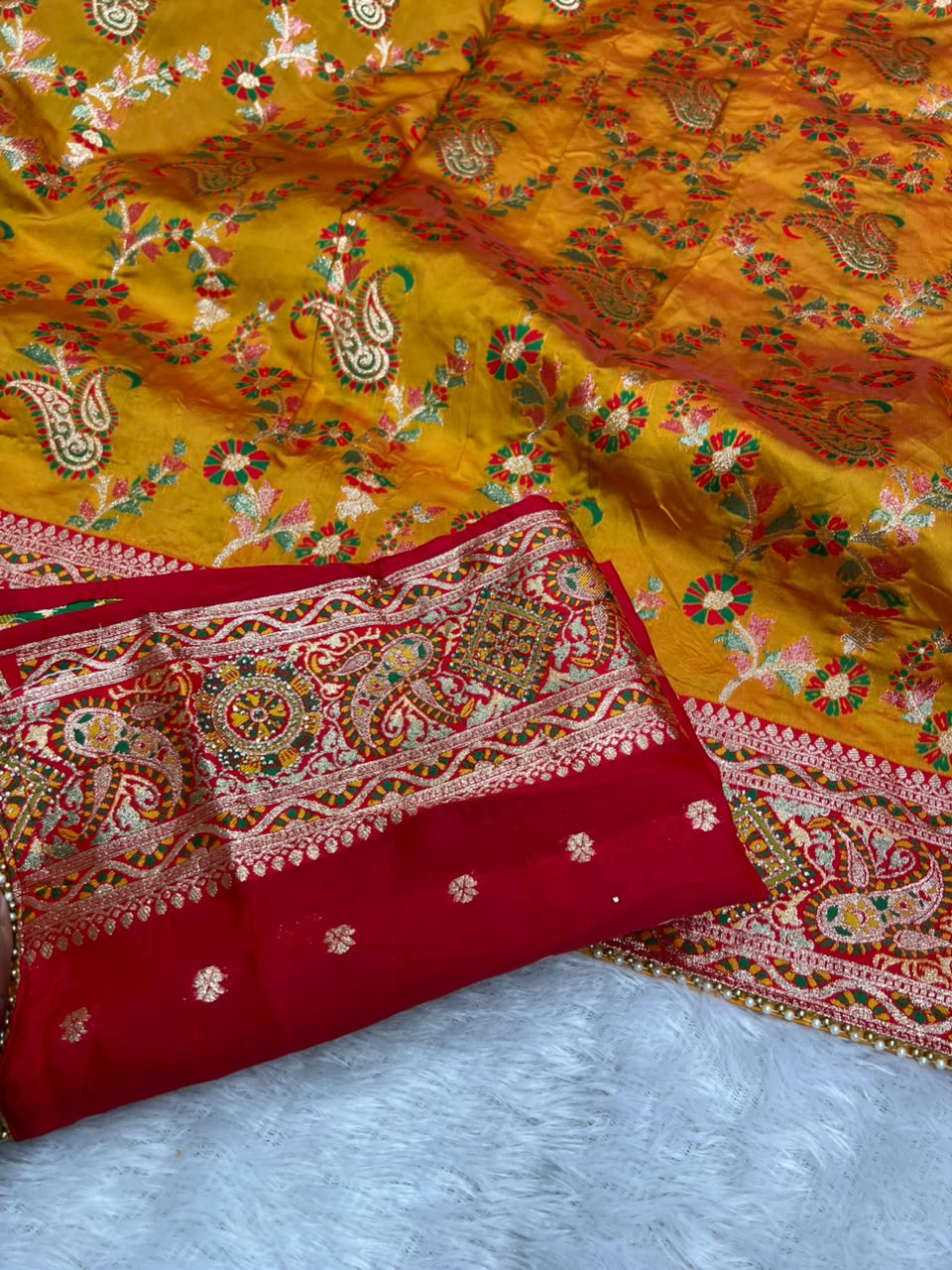 Anula Nexus Premium Kashmiri Dola Silk Saree with Heavy Swarovski Work, Crystal Border & Designer Tassels, Matching Potli Bag & Unstitched Blouse Piece Included-3