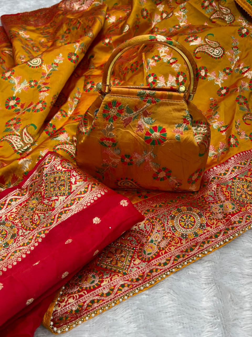 Anula Nexus Premium Kashmiri Dola Silk Saree with Heavy Swarovski Work, Crystal Border & Designer Tassels, Matching Potli Bag & Unstitched Blouse Piece Included-4