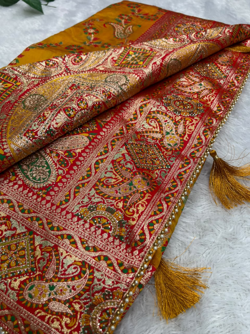 Anula Nexus Premium Kashmiri Dola Silk Saree with Heavy Swarovski Work, Crystal Border & Designer Tassels, Matching Potli Bag & Unstitched Blouse Piece Included-7