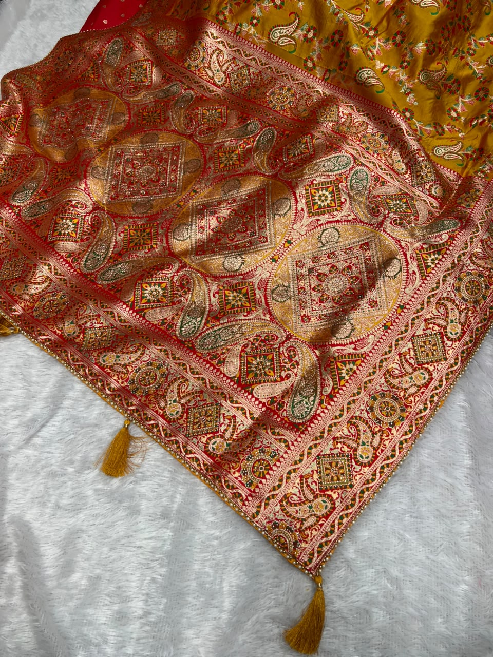 Anula Nexus Premium Kashmiri Dola Silk Saree with Heavy Swarovski Work, Crystal Border & Designer Tassels, Matching Potli Bag & Unstitched Blouse Piece Included-9