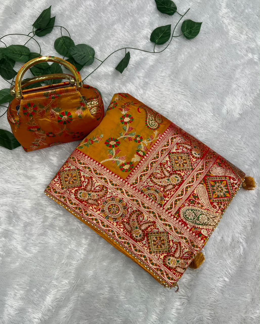 Anula Nexus Premium Kashmiri Dola Silk Saree with Heavy Swarovski Work, Crystal Border & Designer Tassels, Matching Potli Bag & Unstitched Blouse Piece Included