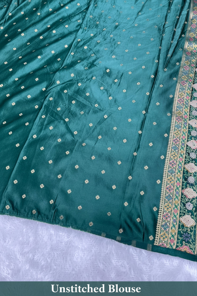 Anula Nexus Premium Kashmiri Satin Saree for Women | Light Pista Green Rich Woven Designer Saree With Heavy Pallu & Unstitched Blouse Piece-1