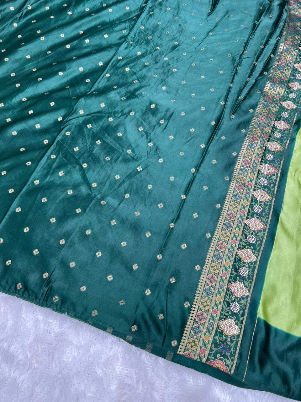 Anula Nexus Premium Kashmiri Satin Saree for Women | Light Pista Green Rich Woven Designer Saree With Heavy Pallu & Unstitched Blouse Piece-4